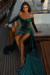 Sexy schulterfreies, bodenlanges Ballkleid mit Schlitz vorne